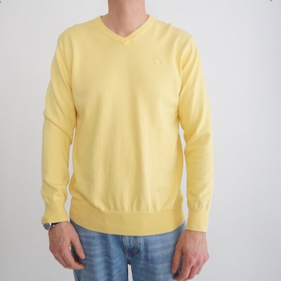 Vintage 90s Arnold Palmer Yellow Fine Knit 100% Pima Cotton V-neck Sweater Small - Picture 1 of 9
